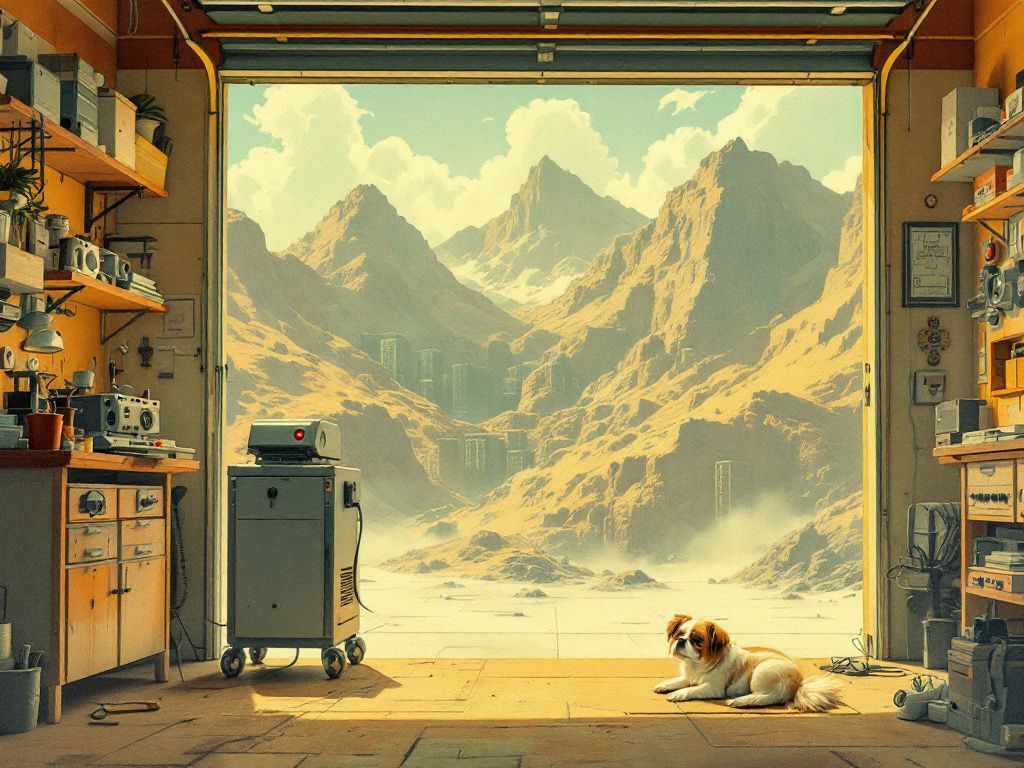 A warm retro illustration: a home workbench of small tidy gear inside a garage, its open door framing a mountain range so vast it reads as a datacenter, far too big to bring inside; a small shih tzu lies resting on the floor to one side.