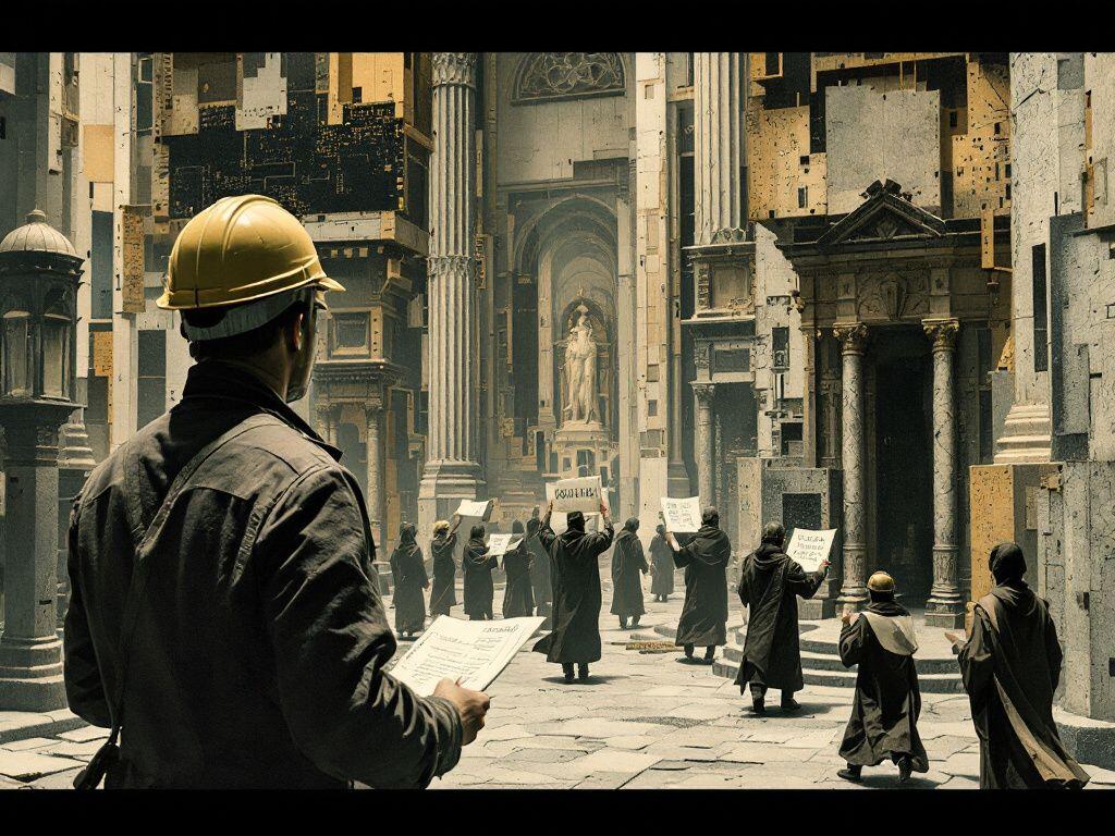 A collage-style scene: a general contractor in a yellow hard hat surveys a towering cathedral built of circuit boards, while robed scribes carry documents written in an unreadable script.