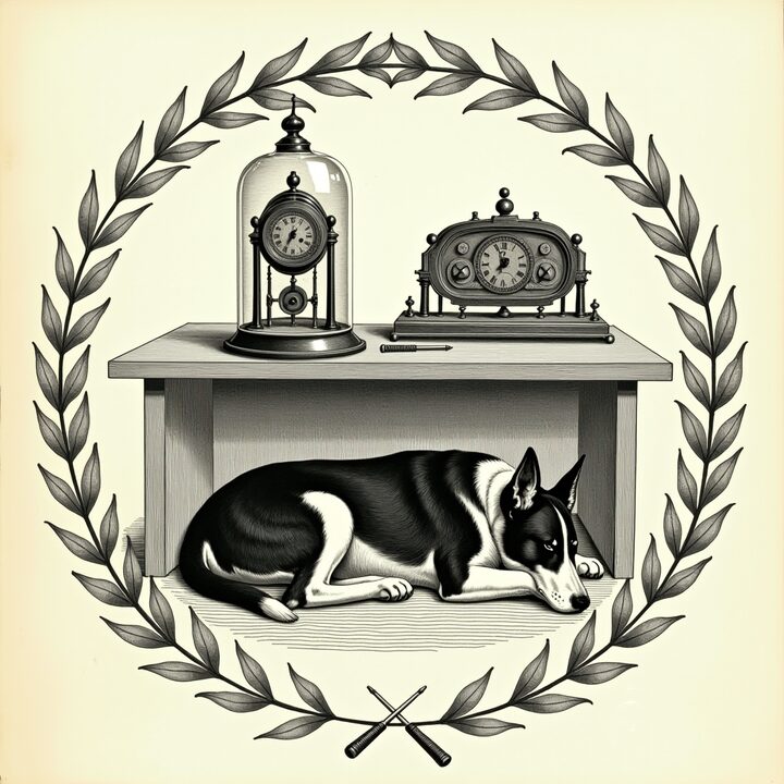A Victorian engraving of two identical brass clockwork machines on a workbench: the original sealed under a glass bell jar, its twin out in the open with a screwdriver beside it, and a black-and-white dog asleep underneath.