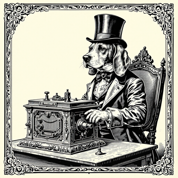 A top-hatted beagle operating a brass Victorian computing engine.