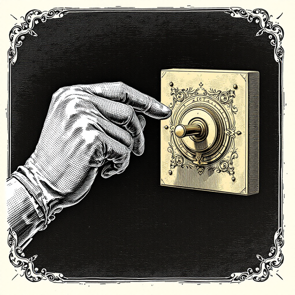 A gloved Victorian hand pulling a large brass knife-switch.