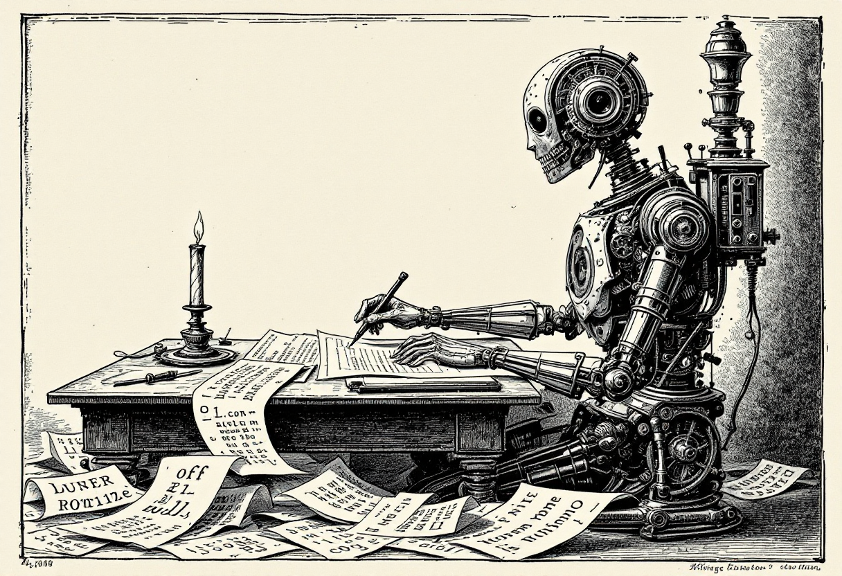 A Victorian wood-engraving: a brass clockwork automaton scribe at a writing desk furiously fills page after page with dense, unreadable code that spills across the floor, beside a candle burned to a stub, while a disembodied human hand reaches for the lever on its back to switch it off.