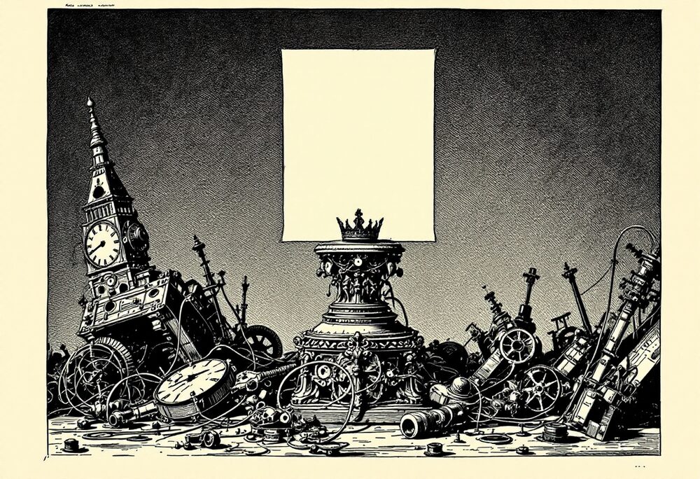 A vintage woodcut engraving: a single plain sheet of paper wearing a small crown, enthroned on an ornate pedestal, while a fallen clock tower and a graveyard of toppled, tangled clockwork machines lie in ruin around its base.