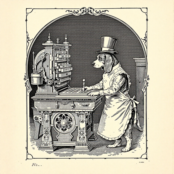 A top-hatted beagle in a printer&rsquo;s apron setting movable type at a Victorian press.