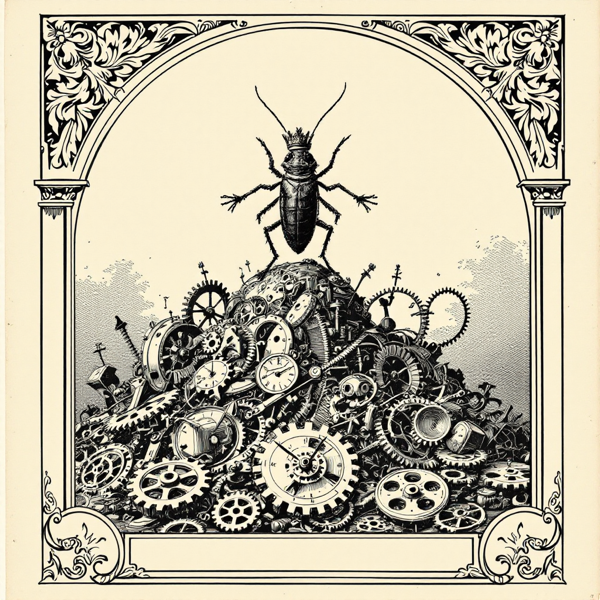 A dignified cockroach wearing a tiny crown, standing atop a heap of broken clockwork.