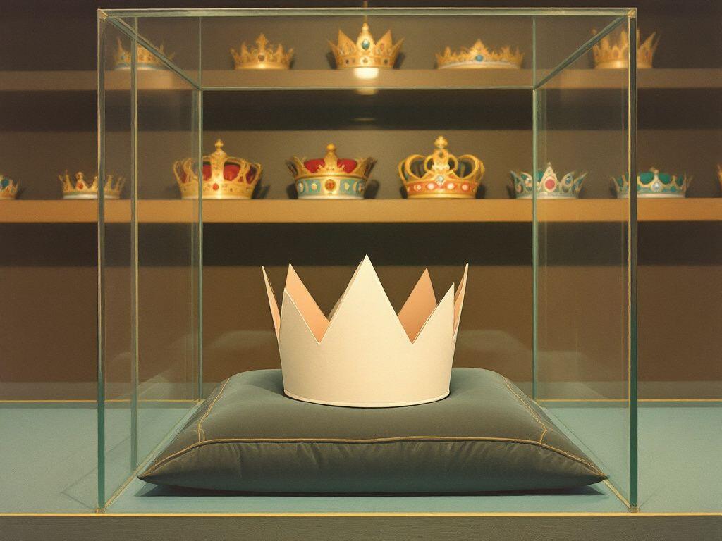 A soft Kodachrome-style photograph: a plain paper crown on a velvet cushion inside a glass museum case, shelves of ornate jeweled crowns blurred behind it.