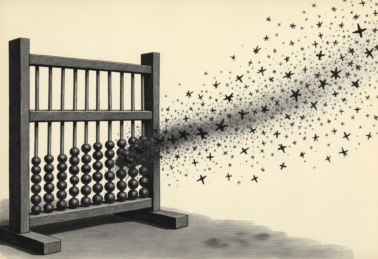 A Victorian wood-engraving: the beads of a wooden abacus coming loose and lifting into the air, transforming bead by bead into a swirling flock of neurons that streams off the frame - the impossible passage from counting to thought.