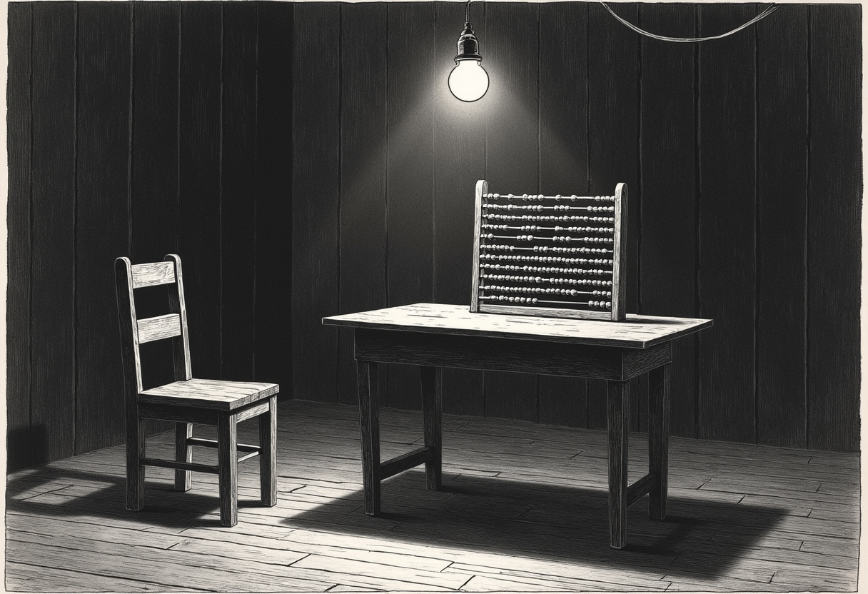 A Victorian wood-engraving: a bare interrogation room, a single hanging bulb throwing a hard cone of light down onto a lone wooden abacus on a metal table, an empty chair across from it - as if the abacus were a suspect being ordered to confess that it has a mind.