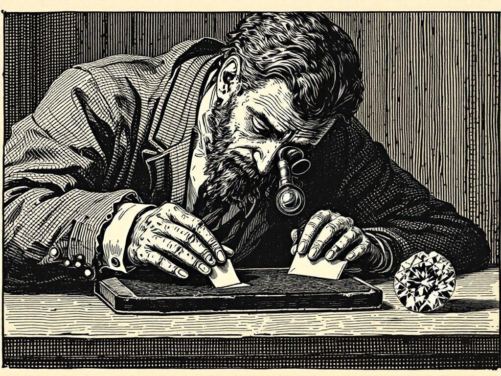 A Victorian wood-engraving: a bearded jeweler with a loupe pressed to his eye leans in close over a small paper sweetener packet on a velvet pad, while a large cut diamond sits pushed aside at the edge of the counter.