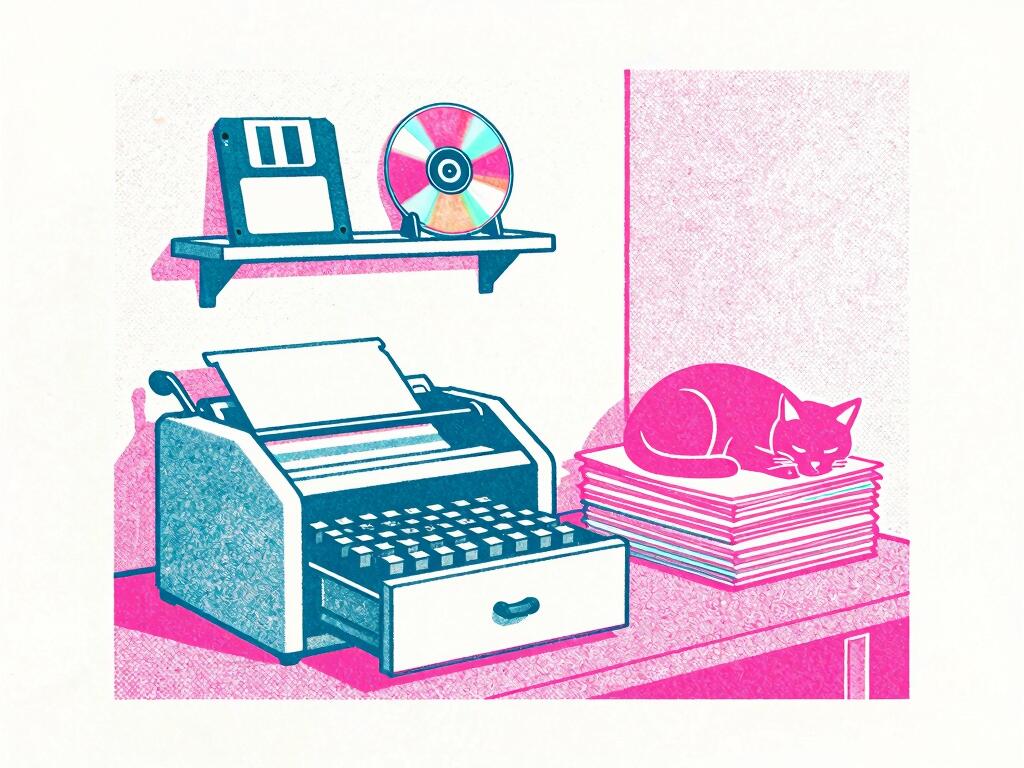 A two-color risograph print in pink and teal: a small desktop printing machine with a sheet of paper loaded, a floppy disk and a compact disc displayed on a shelf above it, and a cat asleep on a neat stack of paper.