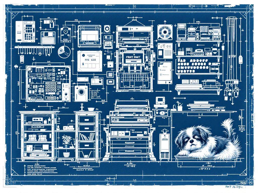 A cyanotype blueprint: an exploded technical diagram of a small print shop's every part, shelves and presses and type drawers annotated, with a small fluffy shih tzu asleep in the lower corner among the callouts.