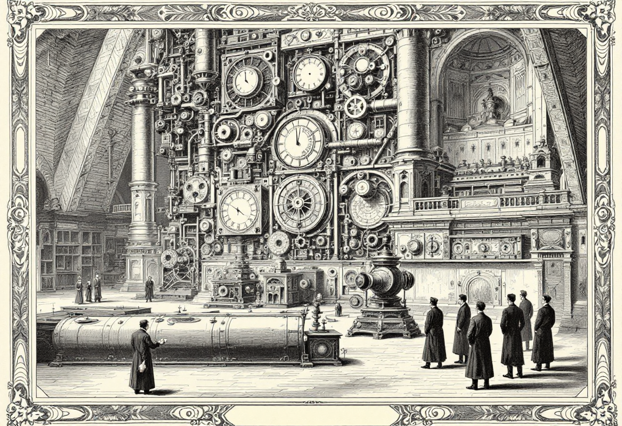A Victorian wood-engraving: a towering brass thinking-engine of cogs and dials fills a gaslit hall while a single hand pulls a great iron lever to switch it off, its lamps going dark as frock-coated gentlemen look on in silence.