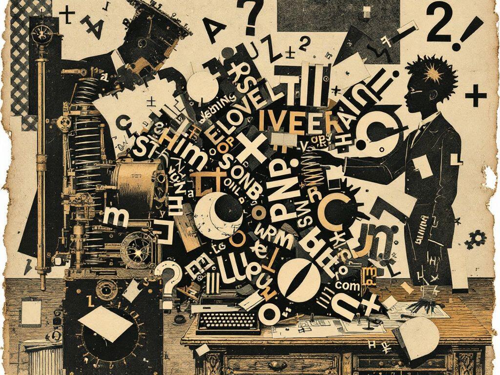A chaotic letterpress collage: a Victorian printing engine erupts into a storm of mismatched type, symbols, and word fragments while a figure at the right reaches into the debris.