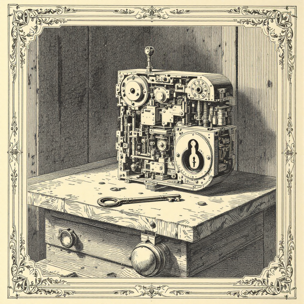 A Victorian wood-engraving: an ornate iron door-lock in cutaway cross-section on a locksmith's bench, its wards and springs exposed, an intricate brass key and a thief's slender picklock lying beside it.