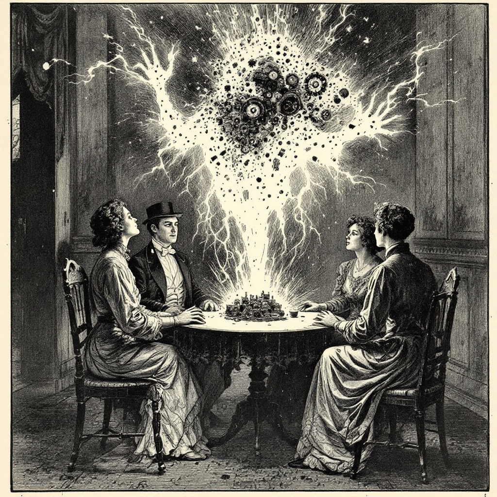 A Victorian wood-engraving: a séance in a dim parlor, sitters with joined hands around a table while the ghostly mechanical spirit summoned above them dissolves into scattered fragments, sparks and static, garbled and fading.
