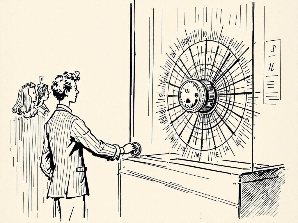 A pen-and-ink line drawing: a museum visitor reaches out to turn a large knob on an exhibit case containing an elaborate dial, while two other visitors look on.