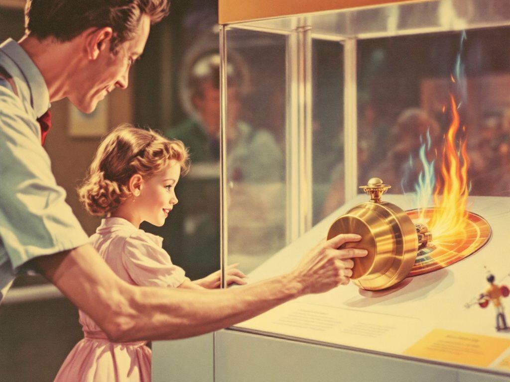 A warm Kodachrome-style photograph: a father and daughter at a museum case, his hand turning a large brass knob on a dial that sweeps from cool blue flame to fire.