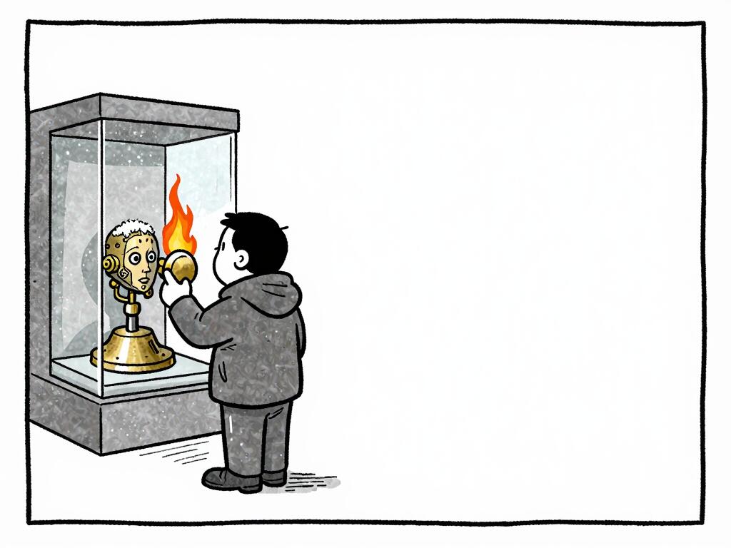 A single-panel cartoon: a visitor turns a small flaming knob on a museum case holding a mechanical head, which watches him with wide eyes.