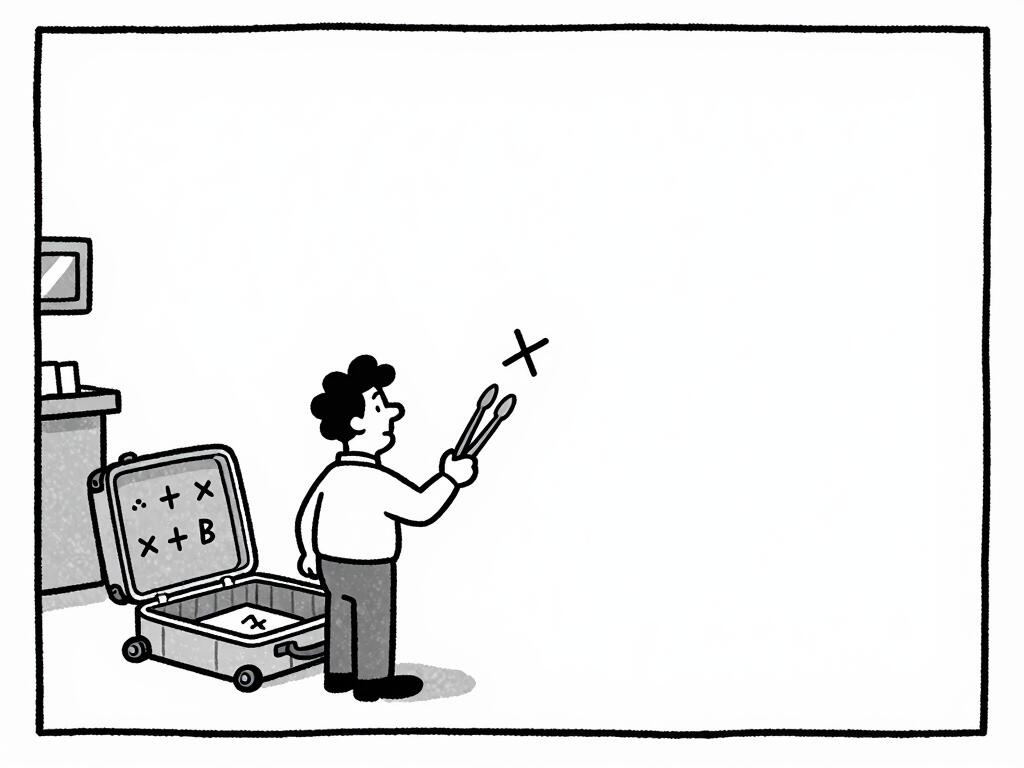 A single-panel cartoon: a customs officer lifts a confiscated math symbol with tongs from a traveler's open suitcase full of mathematical symbols.