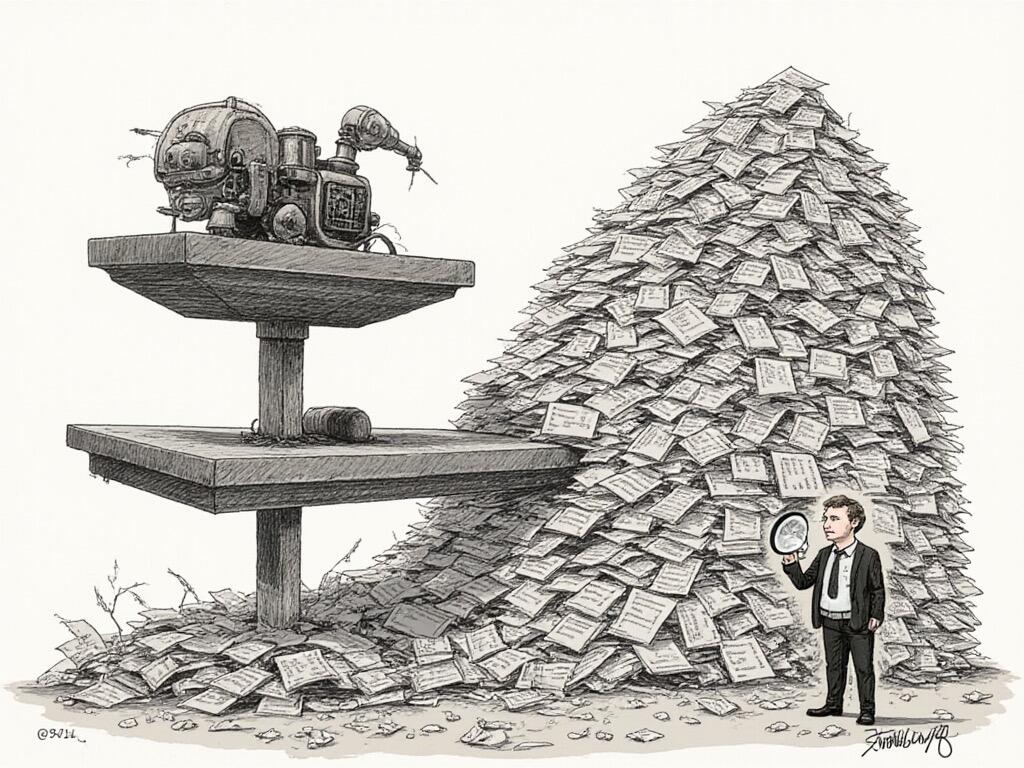 A single-panel cartoon in black ink and gray wash: a small machine sits on a tiered wooden plinth beside an enormous pyramid of stacked paper, with one tiny clerk in a suit standing at its base holding a single magnifying glass.