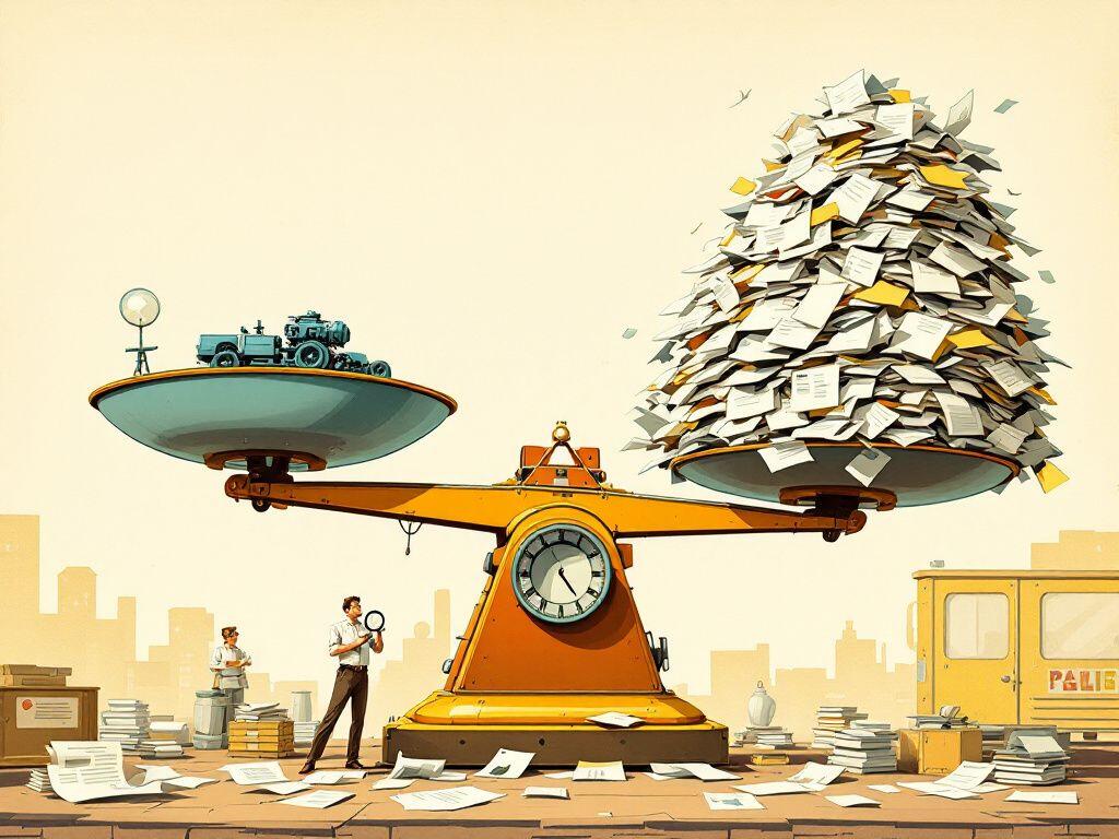 A warm mid-century illustration: an orange merchant's scale where a small green engine sits alone on one pan, hoisted high, while the opposite pan overflows with a towering mountain of loose paper that has crashed the beam to the ground. Two tiny clerks with magnifying glasses stand below.