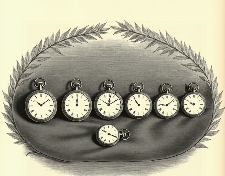 A Victorian engraving of six pocket stopwatches in a row on a velvet cloth, with a seventh set apart below them.