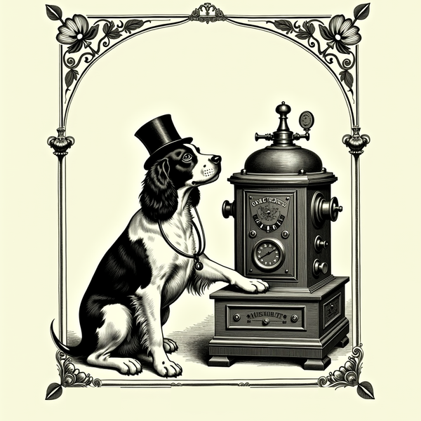 A Victorian engraving of a springer spaniel in a top hat, sitting beside an enormous brass computing engine covered in dials, a stethoscope around its neck and one front paw resting on the machine.