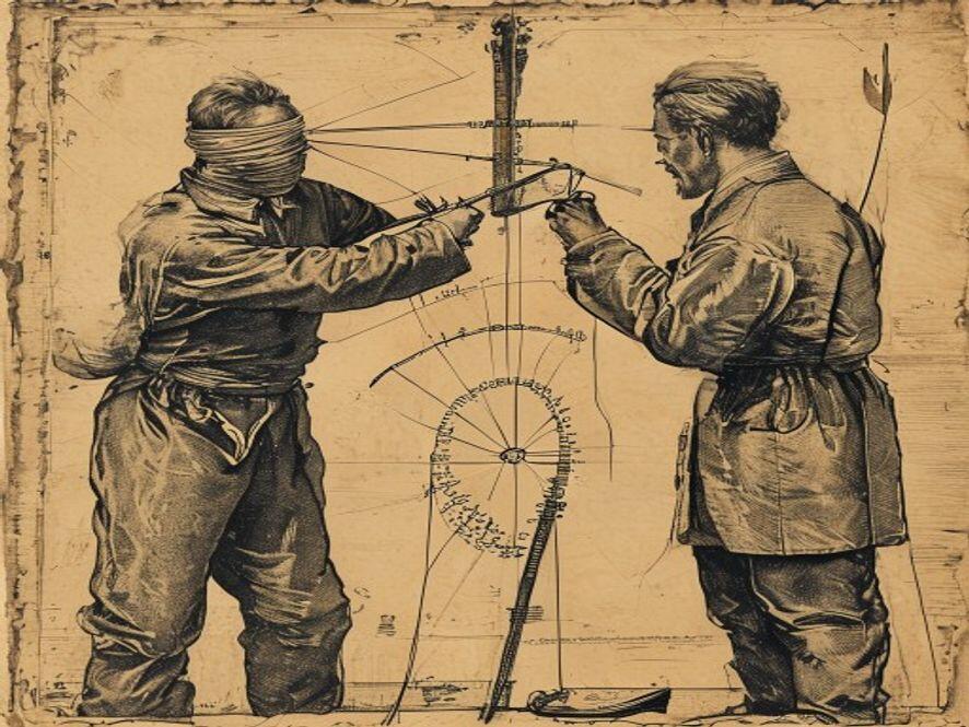 An antique woodcut engraving: a blindfolded man aims a dart while, beside him, a second man calmly measures the dartboard with calipers.