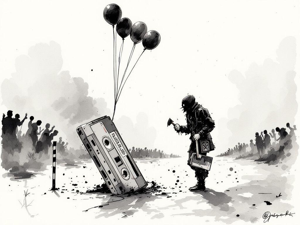 A black ink-wash illustration: a runner shaped like a cassette tape lies collapsed at a mile marker as an official approaches holding an axe, dark balloons rising overhead.