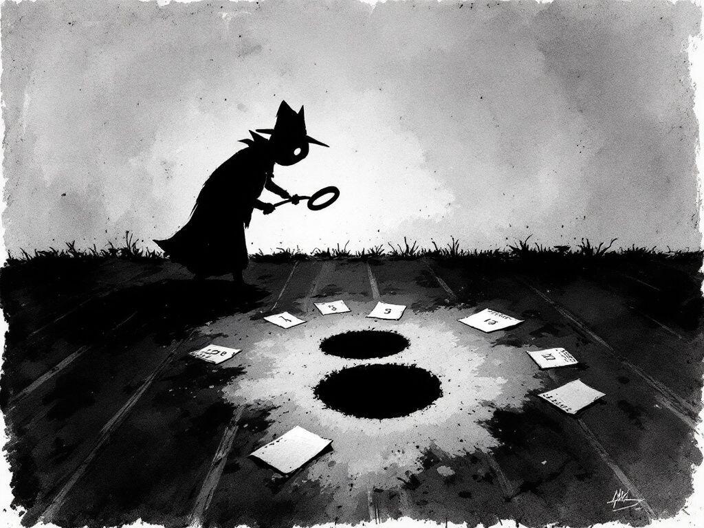 A black ink-wash drawing: a coated detective silhouette leans over two black holes in the ground with a magnifying glass, numbered slips of paper scattered in a ring around them.