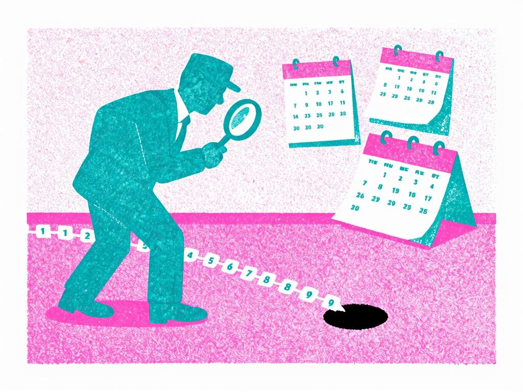 A pink-and-teal risograph print: a detective with a magnifying glass follows a trail of numbered tiles that ends at a black hole in the floor, three calendar pages hanging nearby.