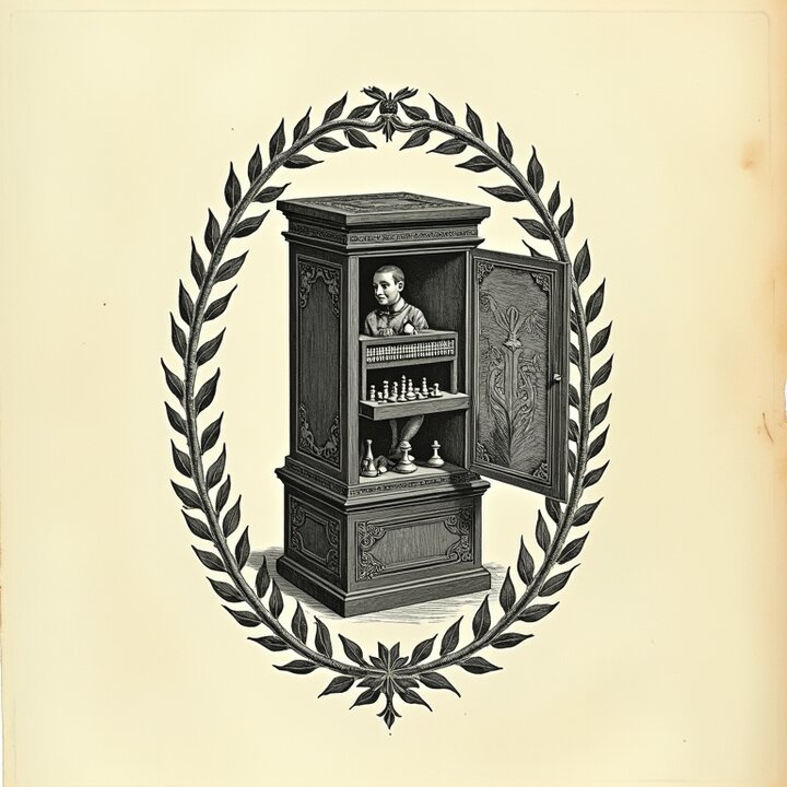 A Victorian engraving of the Mechanical Turk chess automaton with its cabinet door open, revealing the clerk with an abacus hidden inside.