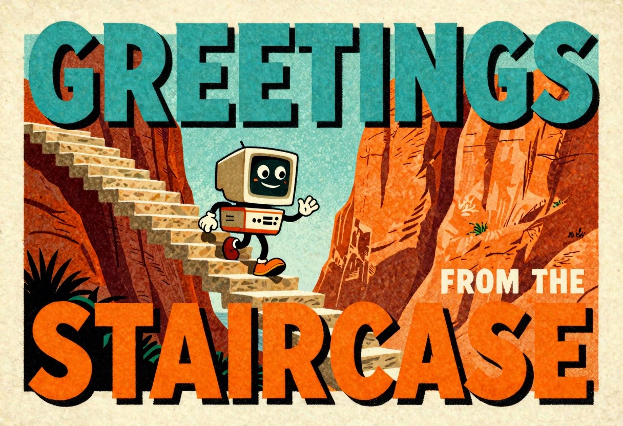 A vintage big-letter postcard reading GREETINGS FROM THE STAIRCASE: a grinning retro computer cheerfully climbing a sunlit staircase of stone steps out of a deep canyon, happily ignoring the sheer cliff wall beside it.