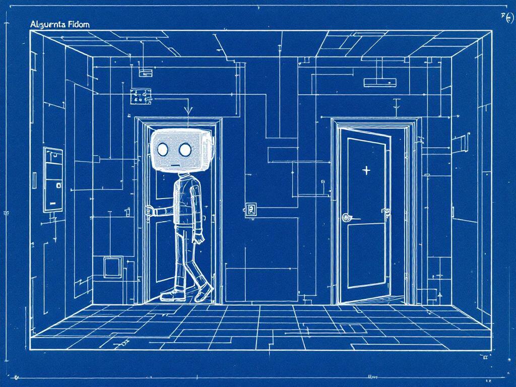 A cyanotype blueprint: a small robot stands in a single drafted room with two doorways opening into it, wiring diagrams covering the walls.