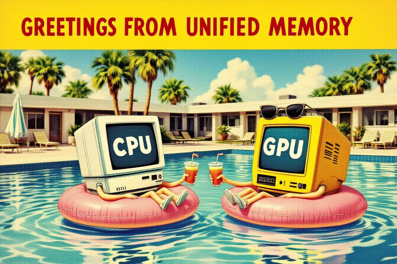 A vintage big-letter postcard reading GREETINGS FROM UNIFIED MEMORY: a CPU and a GPU, each a grinning retro computer on a pool float, clinking drinks in the same motel swimming pool. There is no second pool.