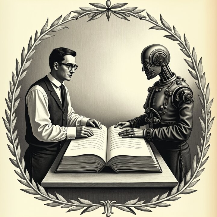 A Victorian engraving of a bespectacled clerk and a brass automaton reading the same open ledger from opposite sides of one table.