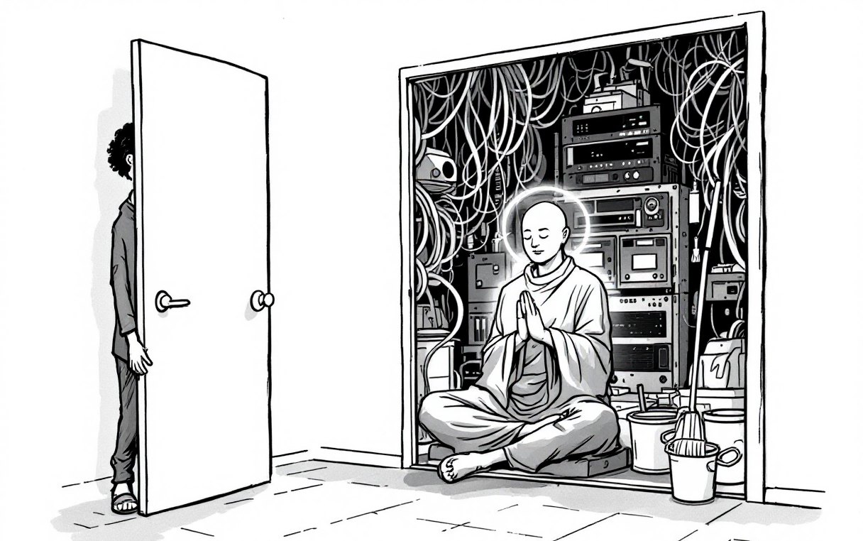 A single-panel ink-and-wash gag cartoon: a serene monk with a glowing halo meditates cross-legged inside a cramped utility closet stuffed with server racks, tangled cables, a mop and a bucket, while someone in sandals peeks around the half-open door.