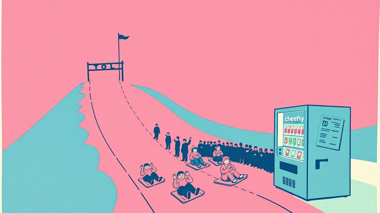 A pink and teal risograph print: a lonely toll gate stands at the top of a hill while a crowd of cheerful people on sleds slides down the slope, away from it, toward a glowing vending machine at the bottom.
