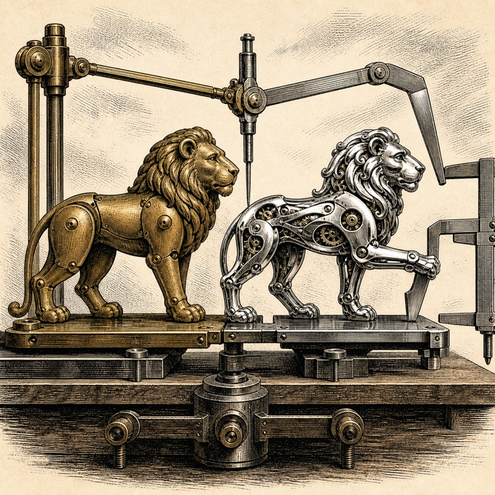 A sturdy brass clockwork lion serves as the reference while a more elaborate silver lion is measured against it.