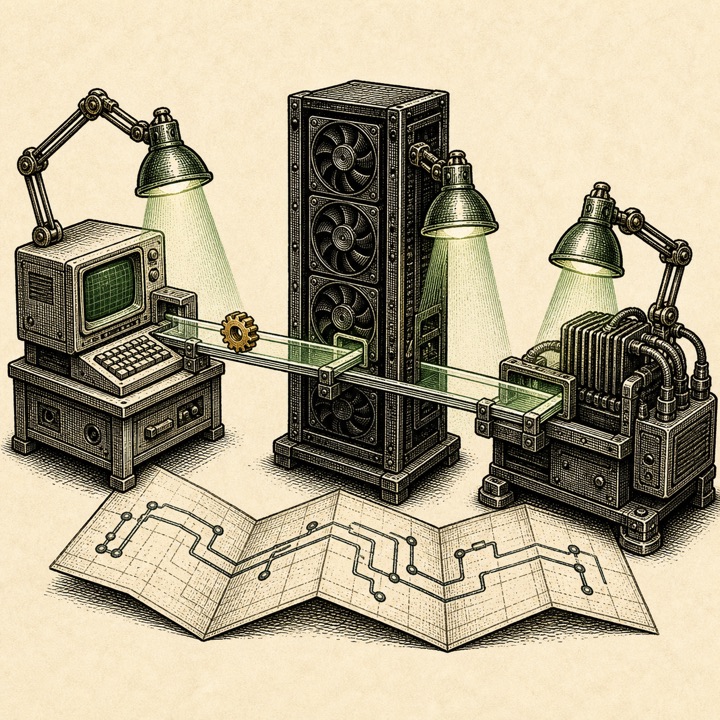 One brass gear moves through three distinct computer test stations, each lighting only its own part of the route.