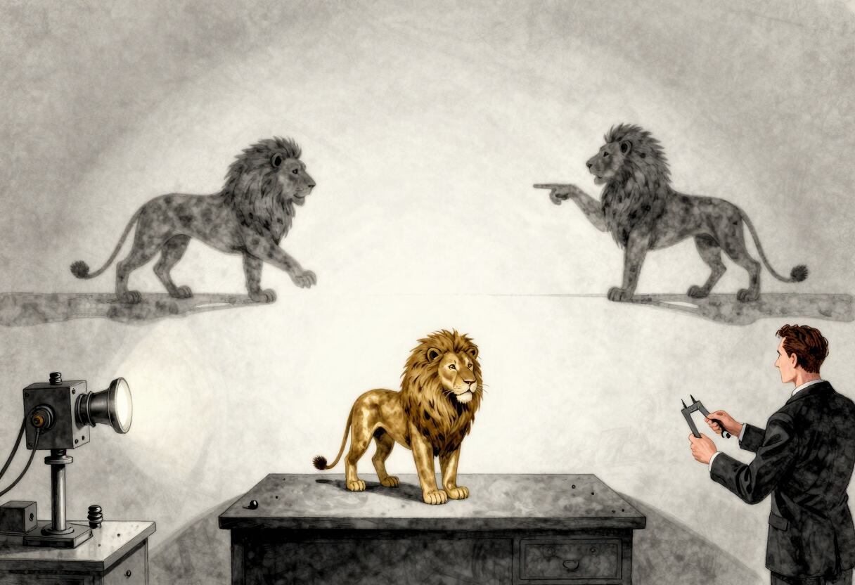 An ink-wash laboratory illustration: an engineer measures a small golden lion on an inspection table while two large gray lions projected above it point at one another in disagreement.