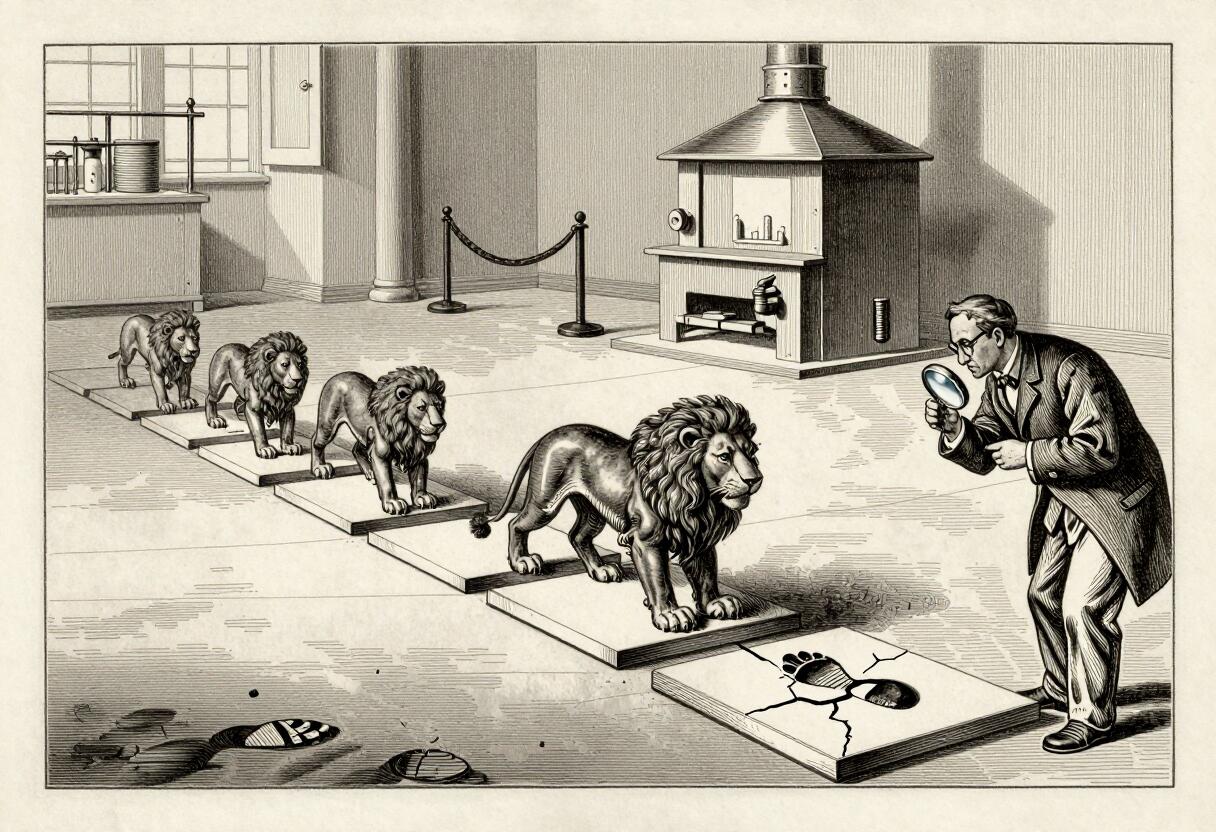 An antique woodcut: four lions walk across a row of laboratory test plates while an inspector with a magnifying glass studies one cracked plate bearing a backward footprint.