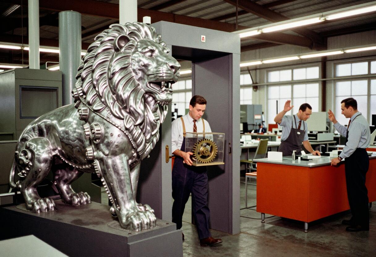 A faded Kodachrome-style factory photograph: an enormous chrome mechanical lion remains beside a narrow inspection doorway while a technician carries one brass gear through it in a transparent specimen box.