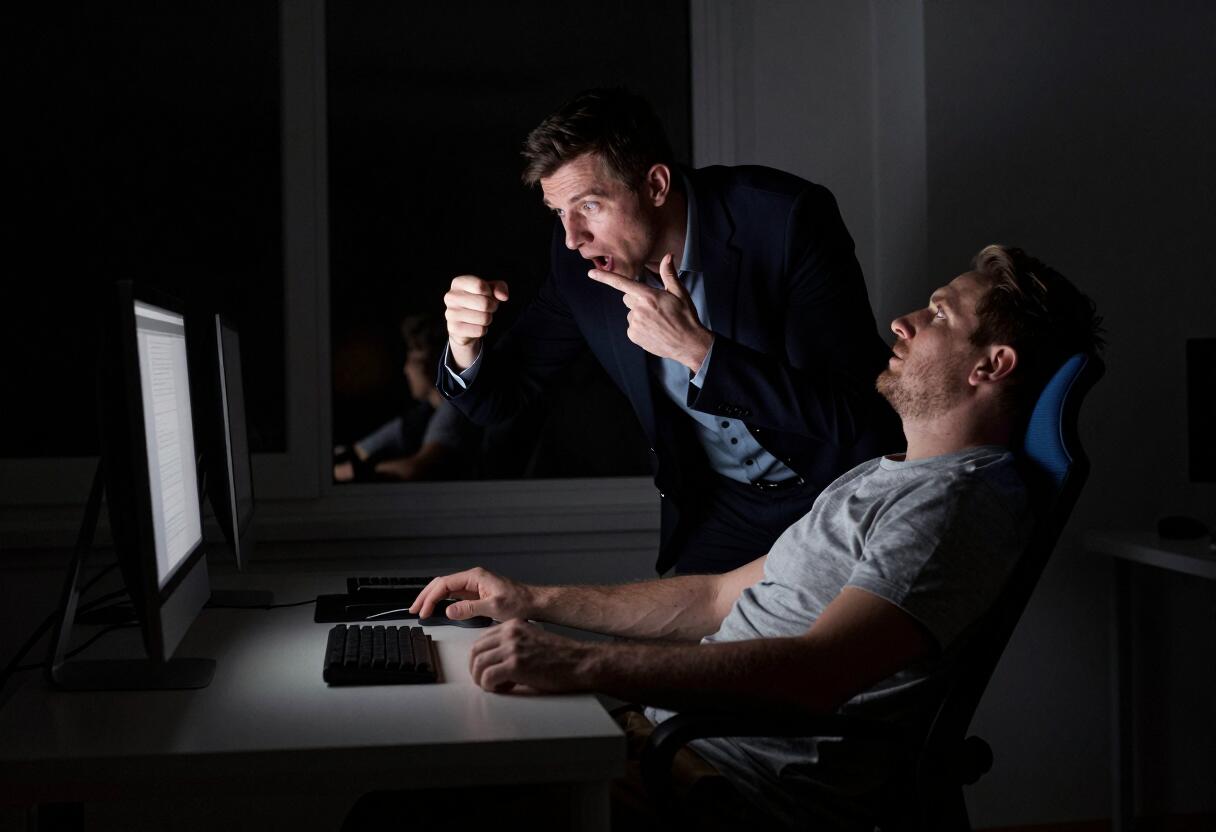 A dark room at four in the morning. A man slumps exhausted in a desk chair, hand limp on the mouse, lit only by his monitor, while a figure in a suit leans over him mid-sentence with a finger raised, entirely certain.