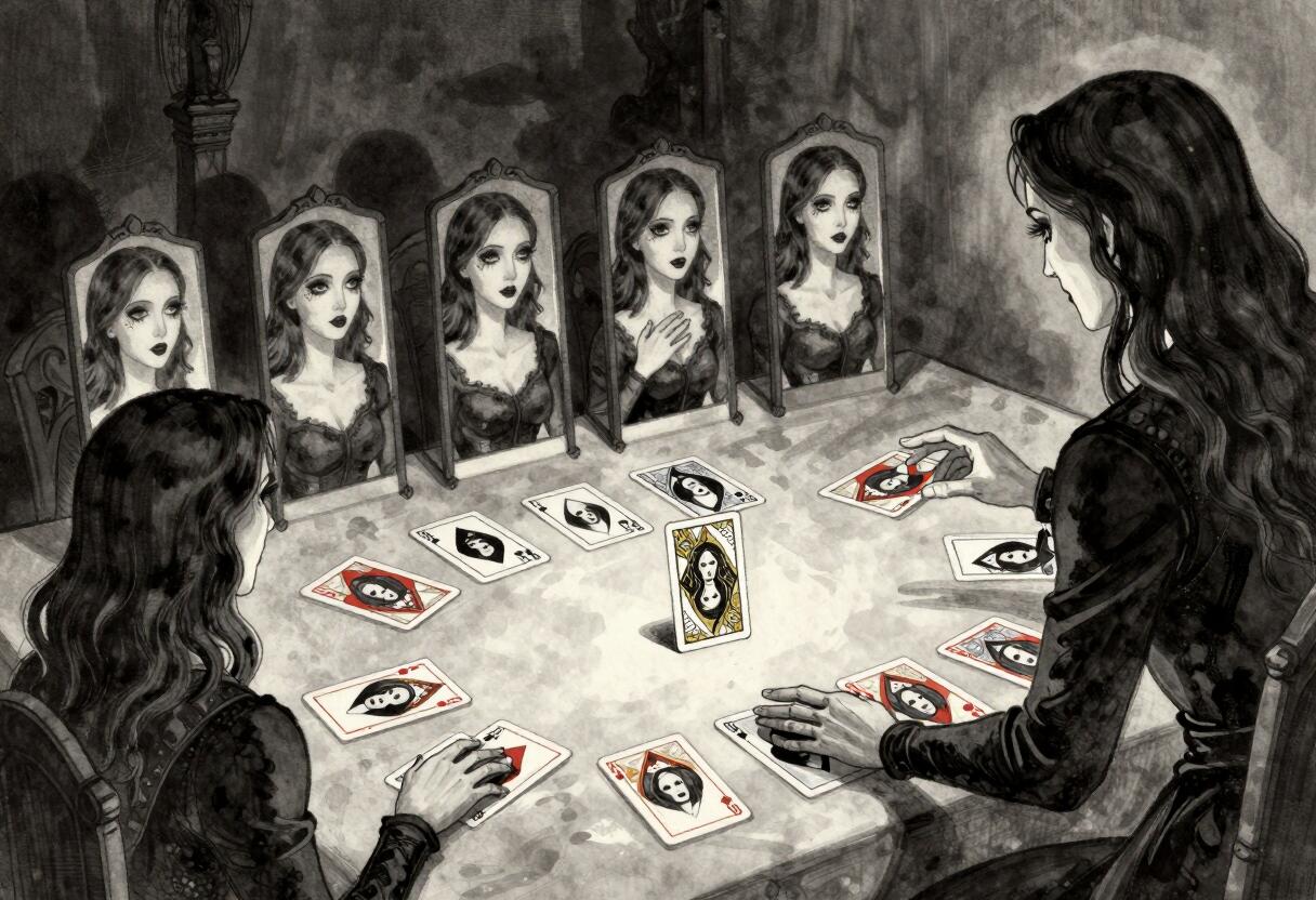 An ink-wash illustration: a woman sits at a table having her fortune read, and every card laid out in the spread is a mirror showing her own face back at her.