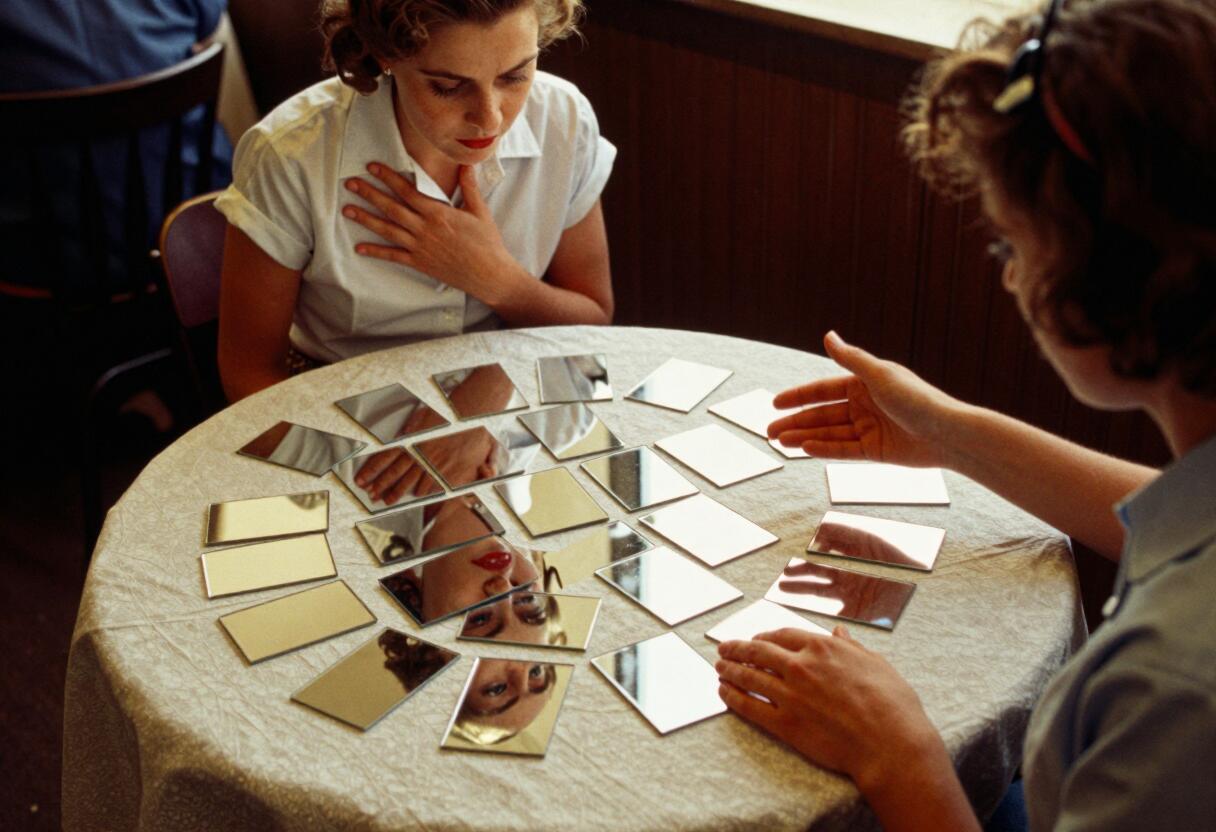 A faded 1950s color photograph of the same scene: a woman at a small table leans over a spread of blank mirror tiles, several of them catching fragments of her own face, while the reader opposite gestures over them with complete confidence.