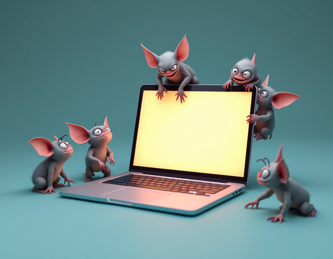 A glossy 3D render of six little gremlin monsters clambering over an open silver laptop, poking at the keyboard and tugging at the glowing screen - the six recurring problems of an Apple-silicon port, given teeth.