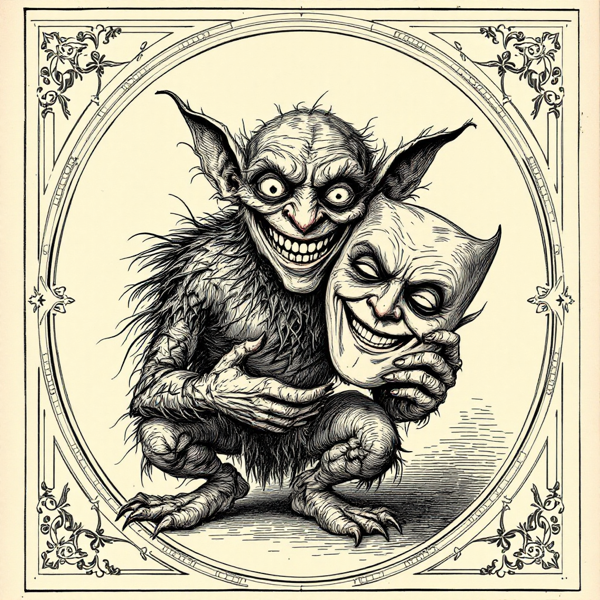 A Victorian bestiary plate of a two-faced gremlin hiding behind a theatrical mask.