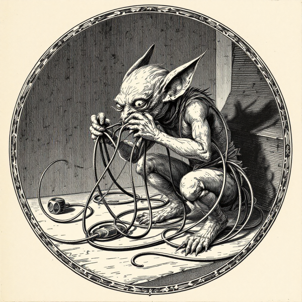 A Victorian bestiary plate of a many-handed gremlin tangling cables.