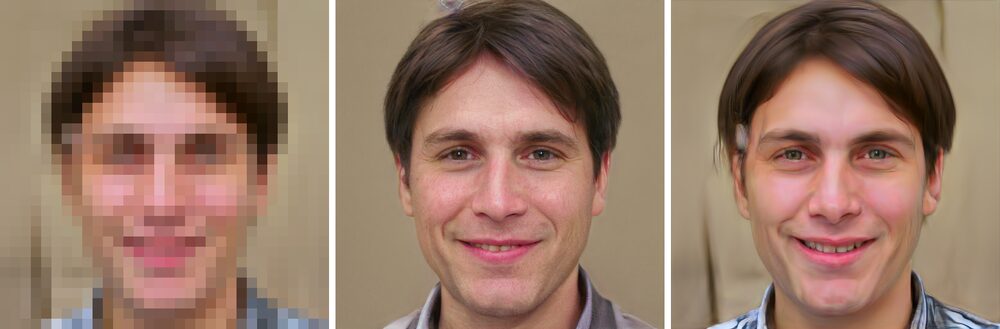 A heavily pixelated 16x16 face on the left; two sharp 1024x1024 faces PULSE reconstructed from it on the right. The two reconstructions are visibly different people - and both shrink back down to the exact same blur.